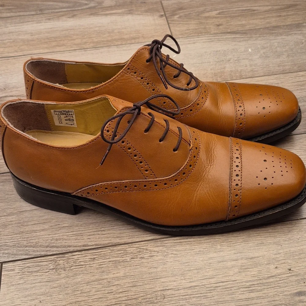SAMUEL WINDSOR England Lace Up Cap Toe Tan Brown Leather Sz 9.5 Mens Dress Shoes